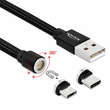 Delock magnetische usb data- en laadkabel set voor micro usb usb type-c (zwart, 1,1 meter)