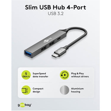 Goobay slanke usb-hub met 4 poorten, usb-c naar usb-c usb-a, 5 gbit s (lichtgrijs)