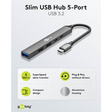 Goobay slanke usb-hub met 5 poorten, usb-c naar usb-c usb-a, 5 gbit s (lichtgrijs)