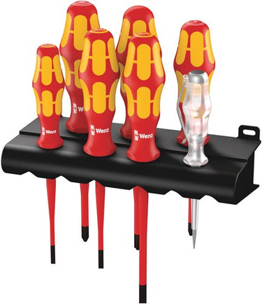 Wera 160 is 7 schroevendraaierset kraftform plus serie 100 (rood geel, eenpolige fasetester, houder, 7‑delig)