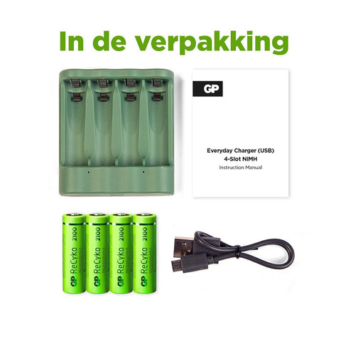 USB batterijlader + 4 x AA-batterijen 2100mAh NiMH