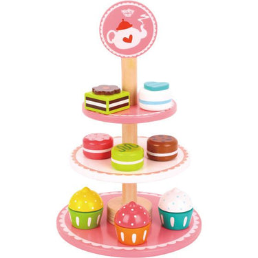 Tooky toy Houten Etagère met Gebakjes Roze Wit 12-delig