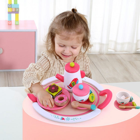Load image into Gallery viewer, Tooky toy Houten Theeservies Wit Roze 19-delig
