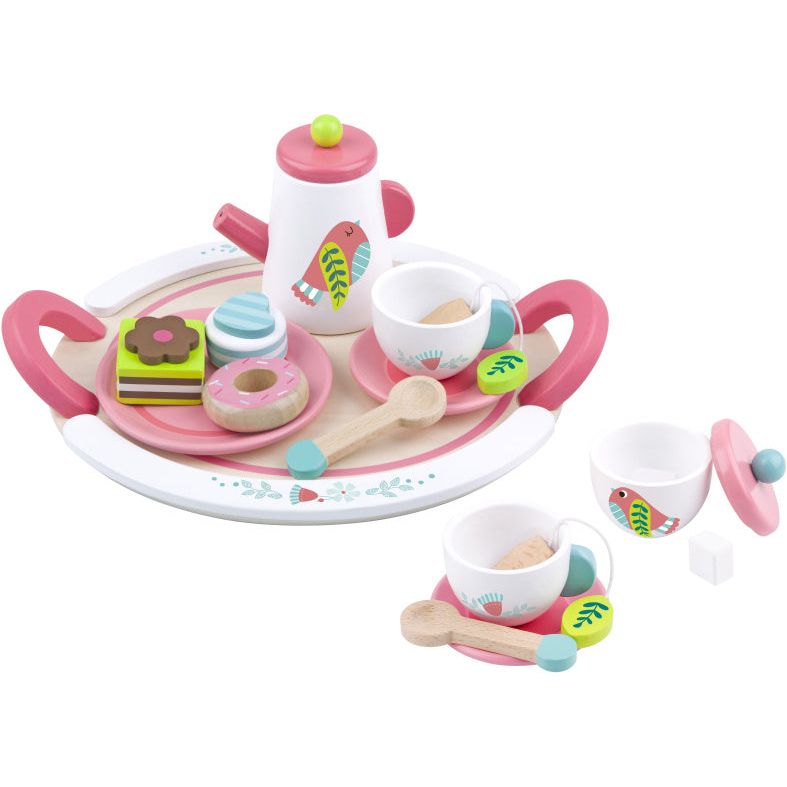 Load image into Gallery viewer, Tooky toy Houten Theeservies Wit Roze 19-delig
