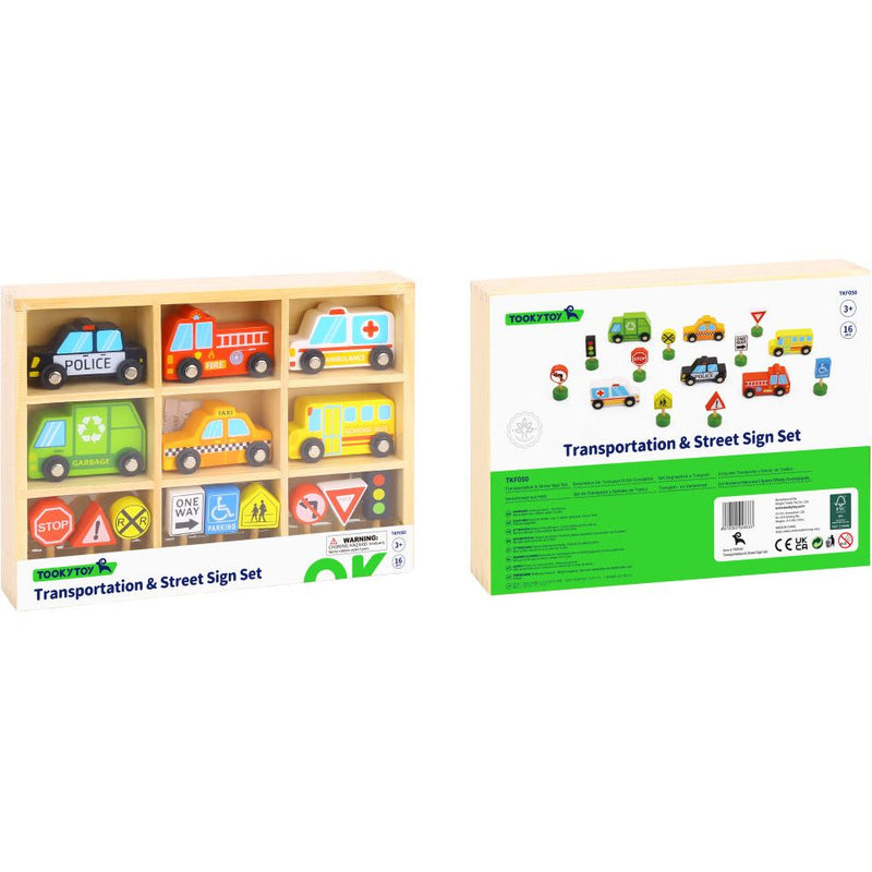 Load image into Gallery viewer, Tooky toy Houten Voertuigenen Verkeersbordenset 16-delig
