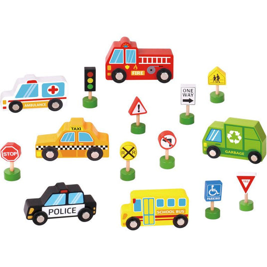 Tooky toy Houten Voertuigenen Verkeersbordenset 16-delig