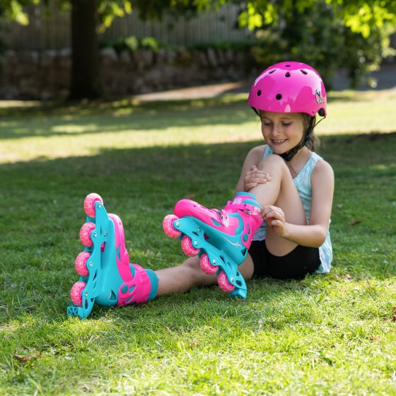 Load image into Gallery viewer, Xootz Inline skates hardboot roze turquoise maat 32-35
